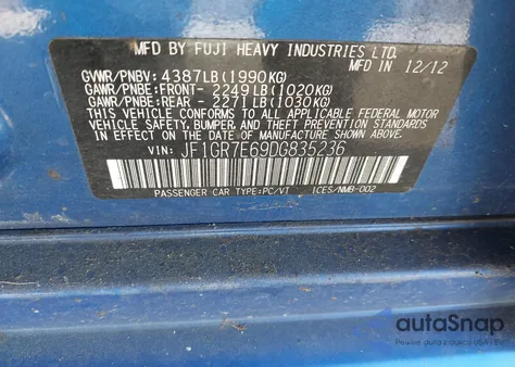 2013 Subaru Impreza Wrx из США, поврежденный, VIN JF1GR7E69DG835236